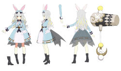 Rule 34 | 1girl, :3, absurdres, animal ears, antenna hair, black footwear, blue bow, blue dress, blush, boots, bow, character sheet, closed mouth, cross-section, dress, female focus, frown, gaou (umaiyo puyoman), grey hair, hair bow, hammer, high heel boots, high heels, highres, himari song, indie virtual youtuber, long sleeves, looking at viewer, mochizuki himari, multiple views, neckerchief, orange eyes, outstretched arms, pigeon-toed, pom pom (clothes), pout, rabbit ears, simple background, spread arms, standing, virtual youtuber, white background