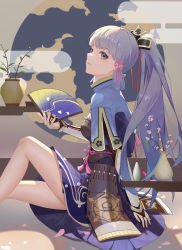 Rule 34 | 1girl, absurdres, armor, ayaka (genshin impact), blue eyes, blue hair, blunt bangs, breastplate, dress, fingerless gloves, flower pot, from side, genshin impact, gloves, hand fan, highres, japanese armor, looking at viewer, ponytail, qianchenyu77, sidelocks, sitting, smile, solo