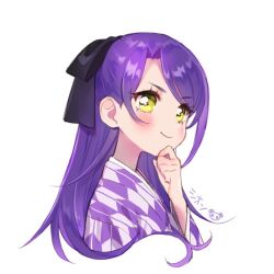 Rule 34 | 1girl, black ribbon, blush, closed mouth, commentary request, cropped torso, hair down, hair ribbon, hand on own chin, hand up, japanese clothes, kimono, long hair, long sleeves, looking at viewer, oshiri (o4ritarou), pretty series, pripara, purple hair, purple kimono, ribbon, simple background, smile, solo, toudou shion, upper body, white background, yellow eyes