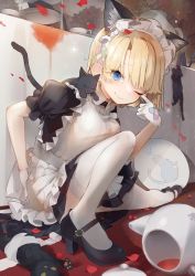 Rule 34 | 1girl, animal ears, apron, bandaid, bandaid hair ornament, black cat, black dress, black footwear, blonde hair, blue eyes, blush, breasts, cat, cat ears, cat girl, cat tail, closed mouth, commentary request, dress, frilled apron, frills, gauze, gloves, hair ornament, highres, maid, maid headdress, mary janes, medium breasts, mole, mole under eye, on floor, original, petals, plate, pleated skirt, puffy short sleeves, puffy sleeves, rose petals, saya (sayaya), shoes, short hair, short sleeves, skirt, slit pupils, smile, solo, spill, swept bangs, tail, tea, teapot, tearing up, thighhighs, white apron, white gloves, white thighhighs