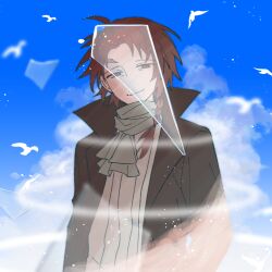 Rule 34 | 1boy, black jacket, blue sky, braid, brown hair, closed mouth, green scarf, grey sweater, harada minoru, jacket, light particles, long sleeves, male focus, meilesi22099, open clothes, open jacket, red eyes, ribbed sweater, saibou shinkyoku, scar, scar on face, scar on forehead, scarf, shards, side braid, sky, smile, solo, sweater, upper body