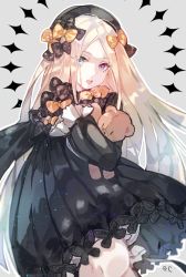 Rule 34 | 1girl, abigail williams (fate), black bow, black dress, black hat, blonde hair, bloomers, bow, bowler hat, bug, butterfly, commentary request, dress, eyes visible through hair, fate/grand order, fate (series), grey background, grey eyes, hair bow, hands in opposite sleeves, hat, heterochromia, highres, hugging object, insect, long hair, long sleeves, looking at viewer, open mouth, orange bow, parted bangs, polka dot, polka dot bow, purple eyes, ratcy (ansuta rm), solo, stuffed animal, stuffed toy, teddy bear, teeth, underwear, upper teeth only, very long hair, white bloomers