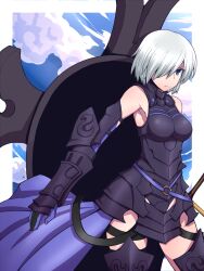 Rule 34 | 1girl, armor, armored dress, black dress, blue cape, blue eyes, blue gloves, blue sky, breasts, cape, closed mouth, cloud, commentary request, cowboy shot, dress, elbow gloves, fate/grand order, fate (series), frown, gauntlets, gloves, hair between eyes, hair over one eye, highres, kuri dora, long bangs, looking at viewer, mash kyrielight, medium breasts, o-ring, short hair, sky, solo, sword, waist cape, weapon, white hair