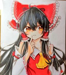Rule 34 | 1girl, ahoge, ascot, bare shoulders, black hair, bow, closed mouth, collarbone, collared shirt, commentary request, detached sleeves, finger to mouth, frilled ascot, frilled bow, frilled hair tubes, frilled shirt collar, frills, hair between eyes, hair bow, hair tubes, hakurei reimu, long hair, looking at viewer, orange eyes, photo (medium), red bow, red ribbon, red shirt, ribbon, ribbon-trimmed sleeves, ribbon trim, ritokun 0103, shirt, simple background, sleeve ribbon, sleeveless, sleeveless shirt, solo, touhou, traditional media, upper body, white background, yellow ascot