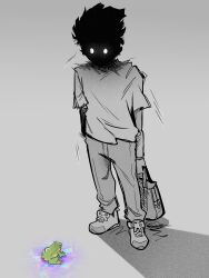 Rule 34 | 1boy, animal, bag, commentary, english commentary, frog, full body, glowing, glowing eyes, grey background, greyscale, highres, holding, holding bag, jammymayham, kageyama shigeo, looking at animal, male focus, mob psycho 100, monochrome, pants, shadow, shirt, shoes, short hair, short sleeves, simple background, sneakers, solo, spot color, standing, t-shirt