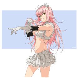 Rule 34 | 1girl, armpits, breasts, cowboy shot, elbow gloves, fate/grand order, fate (series), frilled skirt, frilled sleeves, frills, from side, g0ringo, gloves, groin, highres, layered gloves, long hair, looking at viewer, medb (fate), navel, pink hair, pointing, pointing at viewer, skirt, smile, solo, tiara, white gloves, white skirt, yellow eyes