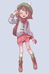 Rule 34 | 1girl, arm up, backpack, bag, beret, blue background, blush, bob cut, brown eyes, brown footwear, brown hair, cardigan, collared dress, creatures (company), cross-laced footwear, dress, female focus, flat chest, full body, game freak, gloria (pokemon), green hat, green socks, grey cardigan, happy, hat, highres, holding, holding poke ball, long sleeves, looking at viewer, matching hair/eyes, nintendo, nose blush, one eye closed, open mouth, orenji (wholesomeorenji), outline, pink dress, plaid, plaid legwear, poke ball, poke ball (basic), pokemon, pokemon swsh, pom pom (clothes), shoes, short hair, sidelocks, simple background, smile, socks, solo, standing, v, white outline, wink