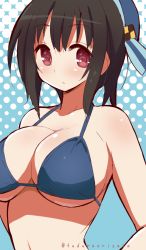 Rule 34 | 10s, 1girl, 9law, bad id, bad pixiv id, bikini, blue background, blue bikini, blush, breasts, brown hair, halftone, halftone background, highres, kantai collection, large breasts, looking at viewer, red eyes, solo, swimsuit, takao (kancolle), twitter username, upper body