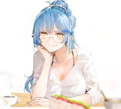 Rule 34 | 1girl, bespectacled, blue hair, breasts, coffee, collarbone, cup, elf, food, funi mu9, glasses, hololive, large breasts, long sleeves, mug, pointy ears, ponytail, sandwich, shirt, simple background, smile, solo, upper body, virtual youtuber, white background, white shirt, yellow eyes, yukihana lamy