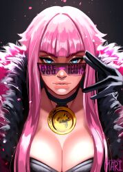 Rule 34 | 1girl, absurdres, adjusting eyewear, black choker, black gloves, blue eyes, breasts, choker, cleavage, commentary, english commentary, english text, facing viewer, feather boa, gloves, hair intakes, highres, large breasts, looking at viewer, manon legrand, mariquita mari, medallion, official alternate costume, pendant choker, pink hair, pink lips, purple-tinted eyewear, rimless eyewear, short hair with long locks, solo, street fighter, street fighter 6, sunglasses, tinted eyewear, upper body