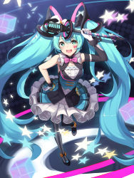 Rule 34 | 1girl, absurdres, aqua eyes, aqua hair, argyle, argyle clothes, argyle legwear, asymmetrical gloves, asymmetrical legwear, breasts, circle skirt, commentary request, elbow gloves, facepaint, frilled skirt, frills, from above, full body, gloves, hand on own hip, hat, hatsune miku, highres, holding, holding microphone, korean commentary, long hair, looking at viewer, magical mirai miku, magical mirai miku (2019), medium breasts, microphone, microphone wand, mini hat, mini top hat, open mouth, pantyhose, sidelocks, skirt, sleeveless, smile, solo, standing, standing on one leg, star-shaped pupils, star (symbol), striped clothes, striped pantyhose, striped thighhighs, symbol-shaped pupils, teeth, thighhighs, top hat, twintails, uneven gloves, uneven legwear, upper teeth only, vertical-striped clothes, vertical-striped thighhighs, very long hair, vocaloid, white gloves, wrist cuffs, ziro (zirorong)