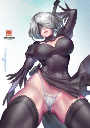 Rule 34 | 1girl, arm at side, arm up, artist name, black dress, black gloves, black hairband, black ribbon, black thighhighs, blindfold, bokuman, breasts, character name, cleavage, cleavage cutout, clothing cutout, covered erect nipples, covered eyes, cowboy shot, dress, feather-trimmed sleeves, feather trim, gloves, gluteal fold, groin, hair over eyes, hairband, highleg, highleg panties, holding, holding sword, holding weapon, juliet sleeves, katana, lace, lace-trimmed legwear, lace-trimmed panties, lace trim, large breasts, legs apart, long sleeves, nier:automata, nier (series), no mole, panties, parted lips, pink lips, puffy sleeves, ribbed dress, ribbon, short dress, short hair, side slit, solo, sword, teeth, thighhighs, thighs, underwear, vambraces, watermark, weapon, weapon on back, web address, white panties, wind, wind lift, 2b (nier:automata)