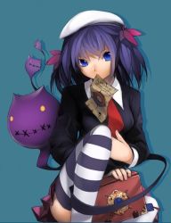Rule 34 | 1girl, animal, blue eyes, book, female focus, hat, mouth hold, purple hair, scar, school uniform, short twintails, simple background, skirt, solo, stitches, striped clothes, striped thighhighs, thighhighs, twintails