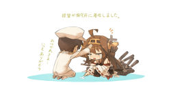 Rule 34 | 10s, 1boy, 1girl, = =, admiral (kancolle), brown hair, chibi, crying, detached sleeves, hair ornament, happy tears, highres, itsukia, kantai collection, knees up, kongou (kancolle), long hair, military, military uniform, pout, ribbon-trimmed sleeves, ribbon trim, sitting, smile, tears, translated, uniform