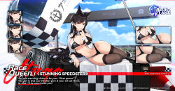 Rule 34 | 1girl, animal ears, atago (azur lane), atago (stunning speedster) (azur lane), azur lane, bikini, black bikini, black hair, breasts, brown thighhighs, checkered flag, cleavage, cloud, copyright name, english text, expressions, finger to mouth, flag, hair ribbon, highleg, highleg bikini, highres, kishiyo, large breasts, long hair, long sleeves, looking at viewer, lying, mole, mole under eye, navel, official alternate costume, official art, on side, race queen, red eyes, ribbon, sakura empire (emblem), shoes, shrug (clothing), skindentation, smile, solo, stomach, swimsuit, thighhighs, thighs, tire, white footwear, wing collar, wrist cuffs