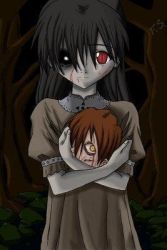 Rule 34 | 1girl, black hair, blood, blood on face, brown hair, child, colored skin, constricted pupils, creepy, dress, eye socket, female focus, forest, grey skin, guro, holding, horror (theme), long hair, looking at viewer, lowres, nature, night, pale skin, red eyes, severed head, short hair, slit pupils, smile, solo, tree, yellow eyes, zombie