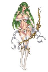 Rule 34 | 1girl, bad id, bad pixiv id, blush, bow (weapon), grabbing another&#039;s breast, breasts, covering privates, covering breasts, elbow gloves, female focus, full body, gloves, grabbing, green eyes, green hair, lace, lace-trimmed legwear, lace trim, large breasts, legs, long hair, matching hair/eyes, navel, newface, open mouth, pointy ears, solo, thighhighs, thighs, torn clothes, transparent background, wardrobe malfunction, weapon, white thighhighs