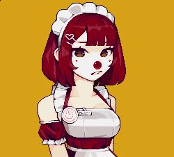 Rule 34 | 1girl, 98fumi, animated, animated gif, arm strap, blunt bangs, bob cut, breasts, brown eyes, clown, clown nose, commentary, english commentary, hair ornament, hairpin, heart, heart hair ornament, looking at viewer, lowres, maid, maid headdress, medium breasts, name tag, original, pixel art, red hair, short hair, smile, solo, sweatdrop, talking, upper body, yellow background