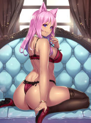 Rule 34 | 1girl, :q, animal ears, ass, blue eyes, blush, bra, bracelet, breasts, chair, choker, collar, covered erect nipples, heart, heart-shaped pupils, high heels, highres, houtengeki, jewelry, lace, lace-trimmed bra, lace-trimmed legwear, lace-trimmed panties, lace trim, large breasts, licking lips, lingerie, long hair, original, panties, pink hair, purple eyes, red bra, red panties, sideboob, sitting, solo, sparkle, strap gap, symbol-shaped pupils, thighhighs, thong, tongue, tongue out, underwear, underwear only, wariza