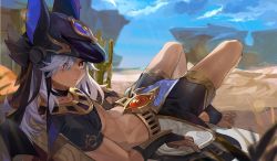 Rule 34 | 1boy, absurdres, animal hat, black choker, black hat, blue sky, cactus, choker, closed mouth, cloud, commentary, cyno (genshin impact), dark-skinned male, dark skin, day, desert, egyptian clothes, genshin impact, hat, highres, long hair, looking at viewer, male focus, outdoors, reclining, red eyes, sky, solo, sweat, symbol-only commentary, toeless legwear, wumumu