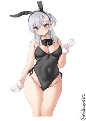 Rule 34 | 1girl, animal ears, black leotard, bow, bowtie, breasts, cowboy shot, detached collar, ebifurya, fake animal ears, gloves, grey eyes, highres, kantai collection, large breasts, leotard, long hair, one side up, playboy bunny, rabbit ears, silver hair, simple background, solo, strapless, strapless leotard, suzutsuki (kancolle), twitter username, white background, white gloves, wide hips