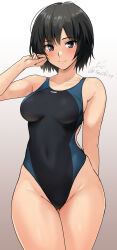 Rule 34 | 1girl, amagami, bare arms, bare shoulders, black eyes, black hair, black one-piece swimsuit, blue one-piece swimsuit, breasts, closed mouth, commentary, competition swimsuit, covered navel, cowboy shot, gradient background, groin, hand up, highleg, highleg swimsuit, highres, light blush, looking at viewer, medium breasts, nanasaki ai, one-piece swimsuit, short hair, signature, smile, solo, swimsuit, twitter username, two-tone swimsuit, yoo tenchi