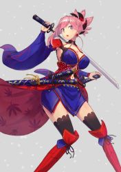 Rule 34 | 1girl, armpits, bare shoulders, blue eyes, breasts, cleavage, detached collar, fate/grand order, fate (series), highres, holding, holding sword, holding weapon, large breasts, long hair, looking at viewer, miyamoto musashi (fate), miyamoto musashi (third ascension) (fate), open mouth, over shoulder, pink hair, ponytail, simple background, solo, standing, sword, sword over shoulder, thighhighs, thighs, weapon, weapon over shoulder
