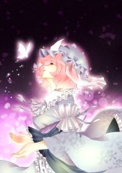 Rule 34 | 1girl, bug, butterfly, dress, female focus, ghost, gradient background, hat, highres, insect, japanese clothes, pink eyes, pink hair, sai ren, saigyouji yuyuko, solo, touhou