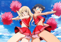 Rule 34 | 2girls, armpits, ass, ass-to-ass, back, back-to-back, black eyes, black hair, blonde hair, blush, breasts, brown eyes, cheerleader, cloud, crop top, day, eyepatch, flapper shirt, flat chest, frilled panties, frills, glasses, highres, long hair, looking back, medium breasts, megami magazine, midriff, multiple girls, no bra, non-web source, open mouth, outdoors, panties, pantyshot, perrine h. clostermann, pink panties, pinup (style), pom pom (cheerleading), ponytail, sakamoto mio, scan, shirt, skirt, sky, small breasts, strike witches, sweat, trefoil, underboob, underwear, wind, wind lift, world witches series, yamakawa kouji, yellow eyes