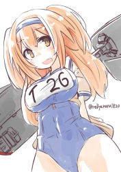 Rule 34 | 10s, 1girl, blush, breasts, brown eyes, cleavage, clothes writing, covered navel, hairband, i-26 (kancolle), kantai collection, large breasts, light brown hair, long hair, looking at viewer, machinery, mecha musume, name tag, new school swimsuit, one-piece swimsuit, open mouth, sailor collar, school swimsuit, short sleeves, sketch, solo, swimsuit, swimsuit under clothes, twitter username, two-tone hairband, two side up, unomi