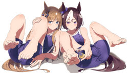 Rule 34 | 2girls, absurdres, animal ears, bare arms, bare shoulders, barefoot, blue eyes, blue one-piece swimsuit, blush, brown hair, closed mouth, collarbone, commentary request, ear bow, feet, full body, grass wonder (umamusume), hair ornament, highres, holding own foot, horse ears, horse girl, horse tail, legs up, light brown hair, long hair, lying, multicolored hair, multiple girls, one-piece swimsuit, purple eyes, school swimsuit, shinomu (cinomoon), short hair, sidelocks, simple background, soles, special week (umamusume), swimsuit, tail, toes, tracen swimsuit, two-tone hair, umamusume, white background, white hair