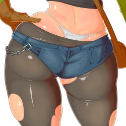Rule 34 | 1girl, a (cat3), absurdres, aroma gebuzurin, ass, back, back-seamed legwear, bag, black pantyhose, blue shorts, brown gloves, cat3 (a-), chain, contrapposto, crop top, denim, denim shorts, dimples of venus, dragon quest, dragon quest monsters joker 3, from behind, gloves, hand on own hip, highleg, highleg panties, highres, hip focus, huge ass, lower body, panties, pantyhose, pocket, seamed legwear, short shorts, shorts, simple background, skindentation, solo, standing, thighs, thong, torn clothes, torn pantyhose, transparent background, underwear, whale tail (clothing), white background, white panties