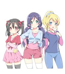 Rule 34 | 10s, 3girls, :d, ayase eli, badge, black hair, black legwear, blue eyes, blush, bow, button badge, casual, cowboy shot, crossed arms, green eyes, hair bow, hand on own chest, long hair, looking at viewer, love live!, love live! school idol project, low twintails, multiple girls, neneko-n, open mouth, ponytail, purple hair, red eyes, shirt, short hair, shorts, simple background, skirt, smile, thighhighs, tied shirt, tojo nozomi, twintails, white background, white legwear, yazawa nico, zettai ryouiki