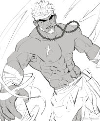 Rule 34 | 1boy, abs, armpit hair, armpits, bandaged arm, bandages, bara, bead necklace, beads, chinstrap beard, cross scar, dark-skinned male, dark skin, dutch angle, facial scar, greyscale, headband, jewelry, large pectorals, male focus, mature male, monochrome, muscular, muscular male, navel, navel hair, necklace, nipples, original, outstretched arm, pectorals, scar, scar on cheek, scar on chest, scar on face, scarf, scarf over mouth, short hair, solo, stomach, thick eyebrows, topless male, tusks, unfinished, v-shaped eyebrows, youchi123
