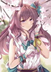 Rule 34 | 1girl, absurdres, bare shoulders, blue bow, bow, bracelet, brown hair, cherry blossoms, closed mouth, collared shirt, commentary request, ear bow, gloves, hair between eyes, highres, jewelry, long hair, looking at viewer, mejiro dober (umamusume), outdoors, purple eyes, pursed lips, ri cochet, shirt, sidelocks, sleeveless, sleeveless shirt, solo, umamusume, upper body, white gloves, white shirt