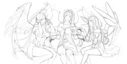 Rule 34 | 3girls, aa megami-sama, ahoge, antenna hair, belldandy, breasts, center opening, elbow gloves, facial mark, forehead mark, gloves, greyscale, gtunver, large breasts, long hair, looking at viewer, medium breasts, monochrome, multiple girls, siblings, sisters, skuld (aa megami-sama), small breasts, urd (aa megami-sama), wings, unfinished