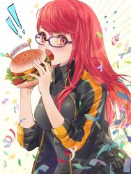 Rule 34 | !, !!, 1girl, burger, cheese, confetti, emphasis lines, eyelashes, food, glasses, happy birthday, highres, holding, holding burger, holding food, lettuce, long hair, open mouth, persona, persona 5, persona 5 the royal, purple-framed eyewear, qoo1234, red eyes, red hair, solo, tomato, yoshizawa sumire