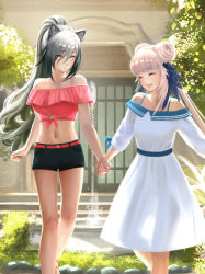 Rule 34 | 2girls, :d, ^ ^, alternate costume, animal ears, arknights, bare legs, bare shoulders, belt, black shorts, blue feathers, blue sash, bra strap, casual, cat ears, ceylon (arknights), closed eyes, collarbone, commentary, crop top, dclaribelle, double bun, dress, english commentary, feather hair, feathers, feet out of frame, hair bun, hair over one eye, highres, holding hands, long hair, long sleeves, looking at another, midriff, multiple girls, navel, no headwear, off-shoulder dress, off-shoulder shirt, off shoulder, open mouth, outdoors, plant, ponytail, red belt, red shirt, sash, schwarz (arknights), see-through silhouette, shirt, short shorts, shorts, silver hair, smile, standing, stomach, thighs, very long hair, white dress, yellow eyes