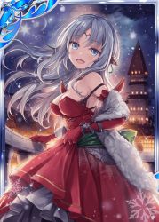 Rule 34 | 1girl, :d, akkijin, balcony, blue eyes, bra, breasts, christmas, dress, elbow gloves, frilled dress, frills, gloves, green ribbon, large breasts, looking at viewer, night, night sky, official art, open mouth, oracle (shinkai no valkyrie), outdoors, red dress, red gloves, ribbed dress, ribbon, shinkai no valkyrie, silver hair, sky, smile, snowflakes, snowing, tiara, town, underwear