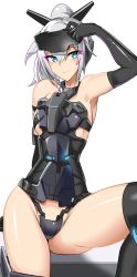 Rule 34 | 1girl, bare shoulders, black gloves, black panties, black thighhighs, blue eyes, blush, china dress, chinese clothes, closed mouth, doko tetora, dress, elbow gloves, frame arms girl, gloves, goggles, goggles on head, grey hair, hand up, highres, looking at viewer, panties, ponytail, simple background, sitting, smile, solo, thighhighs, underwear, white background