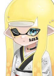 Rule 34 | 1girl, 2022, absurdres, black choker, blonde hair, choker, closed mouth, commentary request, eyeshadow, facial mark, highres, inkling, inkling girl, inkling player character, japanese clothes, kimono, long hair, makeup, negi kobito, nintendo, o-ring, o-ring choker, one eye closed, orange eyeshadow, pearl hair ornament, pointy ears, simple background, solo, splatoon (series), star (symbol), star facial mark, tentacle hair, upper body, white background