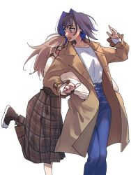 Rule 34 | 2girls, black footwear, blue eyes, blue hair, blue pants, blush, bow, bow earrings, breasts, brmameng, brown coat, brown hair, brown skirt, closed eyes, coat, collarbone, colored inner hair, denim, earrings, fang, hair intakes, high-waist pants, highres, hololive, hololive english, hug, hug from behind, jeans, jewelry, leg up, long hair, long skirt, long sleeves, looking back, medium breasts, multicolored hair, multiple girls, nanashi mumei, nanashi mumei (casual), official alternate costume, open clothes, open coat, open mouth, ouro kronii, ouro kronii (casual), pants, plaid, plaid skirt, pleated skirt, shirt, short hair, simple background, skirt, sleeves past wrists, streaked hair, sweater, teeth, trench coat, two-tone hair, virtual youtuber, white background, white shirt, white sweater