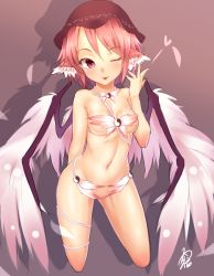 Rule 34 | 1girl, animal ears, ayagi daifuku, bad id, bad twitter id, bird wings, blush, bow, breasts, convenient censoring, cropped legs, feathers, gradient background, hat, inactive account, looking to the side, mystia lorelei, navel, nude, one eye closed, pink hair, red eyes, short hair, small breasts, smile, solo, tongue, tongue out, touhou, wings