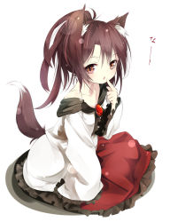 Rule 34 | 1girl, alternate hairstyle, animal ears, bare shoulders, brooch, brown eyes, brown hair, chestnut mouth, collarbone, finger to mouth, gorilla (bun0615), highres, imaizumi kagerou, jewelry, long sleeves, looking at viewer, open mouth, ponytail, shirt, sitting, skirt, solo, tail, touhou, werewolf, wide sleeves, wolf ears, wolf tail