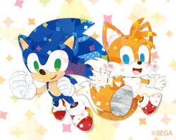 Rule 34 | 2boys, animal ears, blue eyes, blue hair, brown hair, copyright name, gloves, green eyes, kikuchi milo, long hair, looking at viewer, multiple boys, no humans, shoes, short hair, simple background, sonic (series), sonic the hedgehog, tail, tails (sonic), white gloves