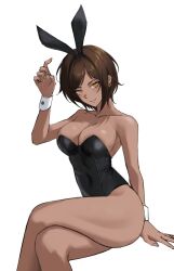 Rule 34 | 1girl, animal ears, black leotard, breasts, brown hair, closed mouth, collarbone, crossed legs, dark-skinned female, dark skin, eonyan (chaeyang), fake animal ears, highres, large breasts, leotard, limbus company, orange eyes, outis (project moon), playboy bunny, project moon, rabbit ears, short hair, simple background, sitting, smile, solo, thighs, white background, wrist cuffs