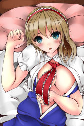 Rule 34 | 1girl, :o, absurdres, alice margatroid, bed sheet, blonde hair, blue eyes, blue shirt, blush, breasts, cape, convenient censoring, female focus, highres, large breasts, looking at viewer, maid headdress, mizuki (satukisen), neckerchief, on bed, open clothes, parted lips, pillow, puffy short sleeves, puffy sleeves, shirt, short hair, short sleeves, solo, touhou, upper body