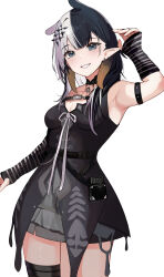 Rule 34 | 1girl, alternate hair color, armpits, barbell piercing, bicep strap, black choker, black dress, black hair, chest strap, choker, commentary, cosplay, dress, ear bar, ear piercing, english commentary, fang, grey hair, hair between eyes, hair ornament, hand up, highres, hololive, hololive english, industrial piercing, jewelry, ku roiko, layered dress, looking at viewer, medium hair, mole, mole under eye, multicolored hair, multiple piercings, ninomae ina&#039;nis, piercing, pointy ears, ribbon, ring, shiori novella, shiori novella (1st costume), shiori novella (cosplay), simple background, sleeveless, sleeveless dress, solo, split-color hair, striped arm warmers, teeth, tentacle hair, thigh strap, two-tone hair, virtual youtuber, white background, white ribbon