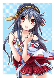 10s 1girl bare_shoulders black_hair blush brown_eyes detached_sleeves female_focus hairband haruna_(kancolle) headgear japanese_clothes kantai_collection long_hair nontraditional_miko open_mouth personification ribbon_trim ryusei_(green_aqua_road) skirt smile solo