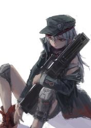 Rule 34 | 1girl, absurdres, assault rifle, between legs, boots, bullpup, caseless firearm, closed mouth, feet out of frame, g11 (girls&#039; frontline), girls&#039; frontline, grey hair, gun, h&amp;k g11, hair between eyes, hand between legs, hat, high collar, highres, holding, holding gun, holding weapon, horizontal magazine, jacket, knee pads, long sleeves, looking to the side, off shoulder, personification, prototype design, red footwear, rifle, scope, simple background, sitting, solo, treeware, weapon, white background, yellow eyes